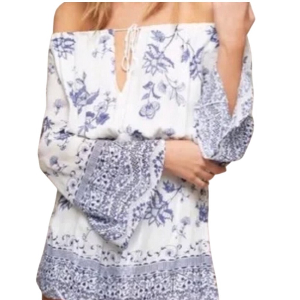 The Jetset Diaries Zulu Romper Boho Blue White Floral Tassel Long Sleeve Size M